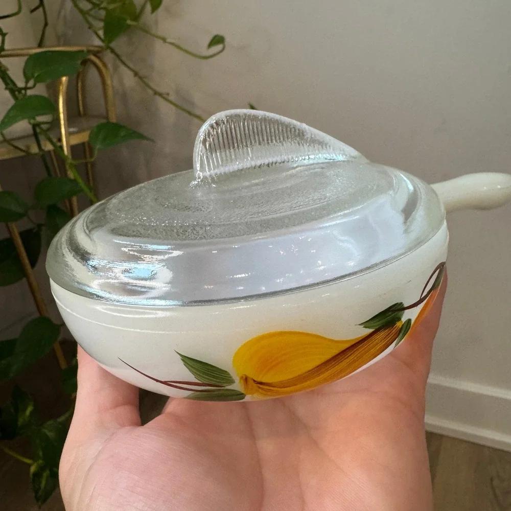 Vintage Glasbake Harvest Pear Milk Glass Soup Bowls with Fin Lids Set of 3 Small